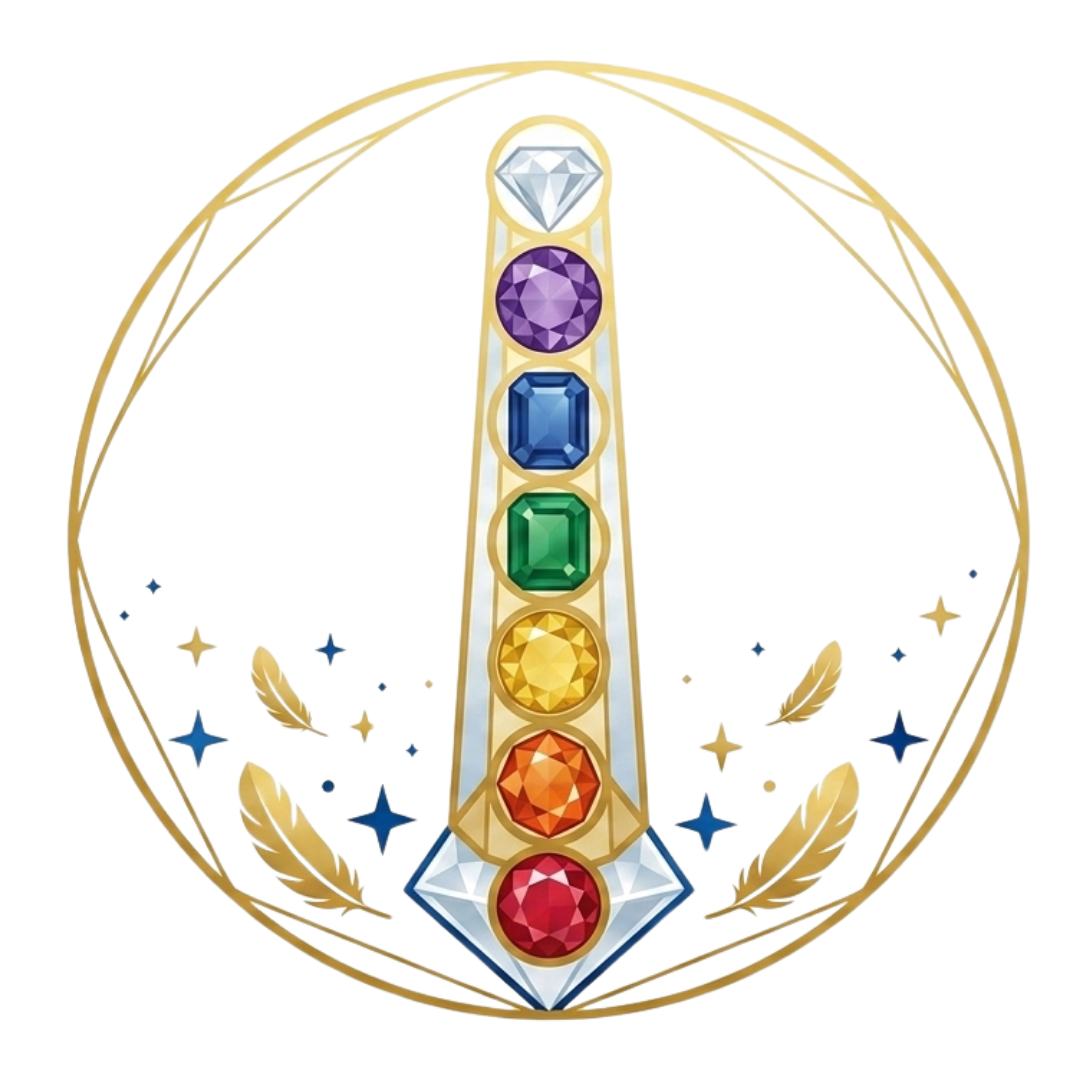 Ilustración: columna de siete gemas de colores, una por cada chakra