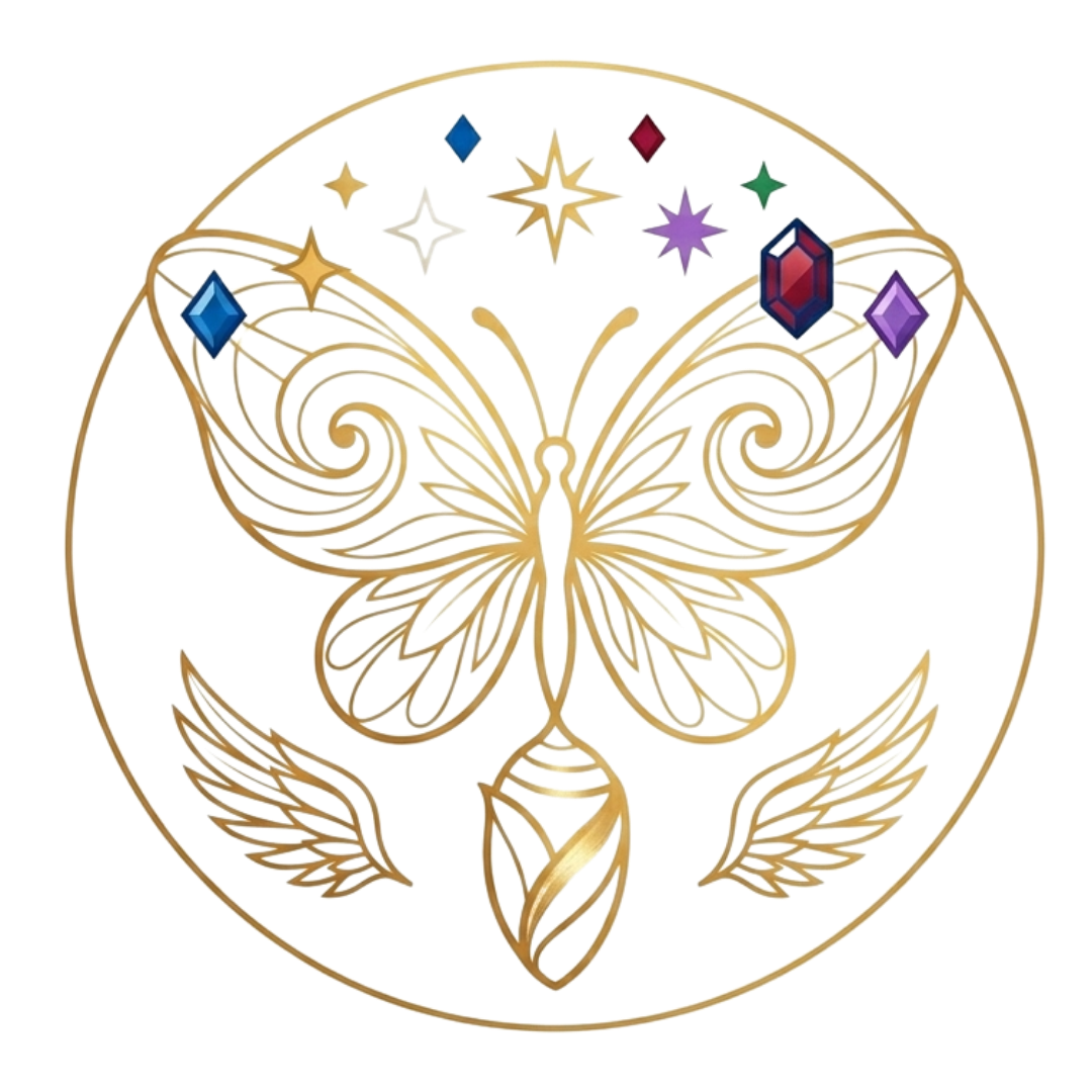 Ilustración: una mariposa dorada rodeada de estrellas, símbolo de transformación