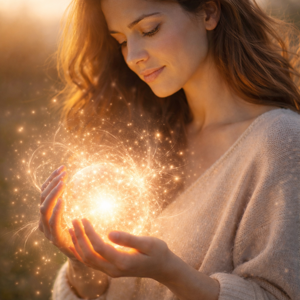 Mujer que sostiene entre sus manos una esfera de luz dorada, serena