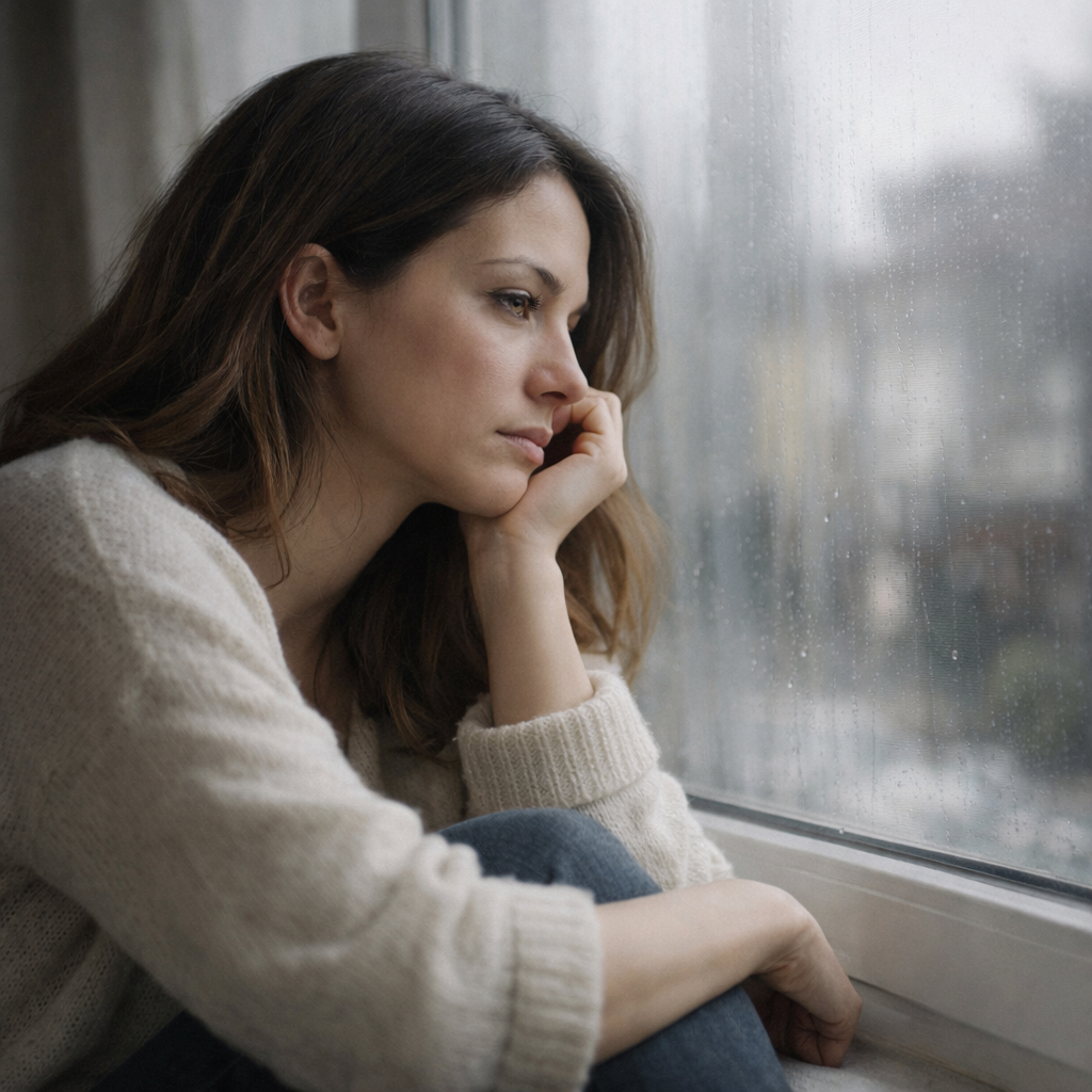 Mujer sentada junto a una ventana en un día de lluvia, pensativa
